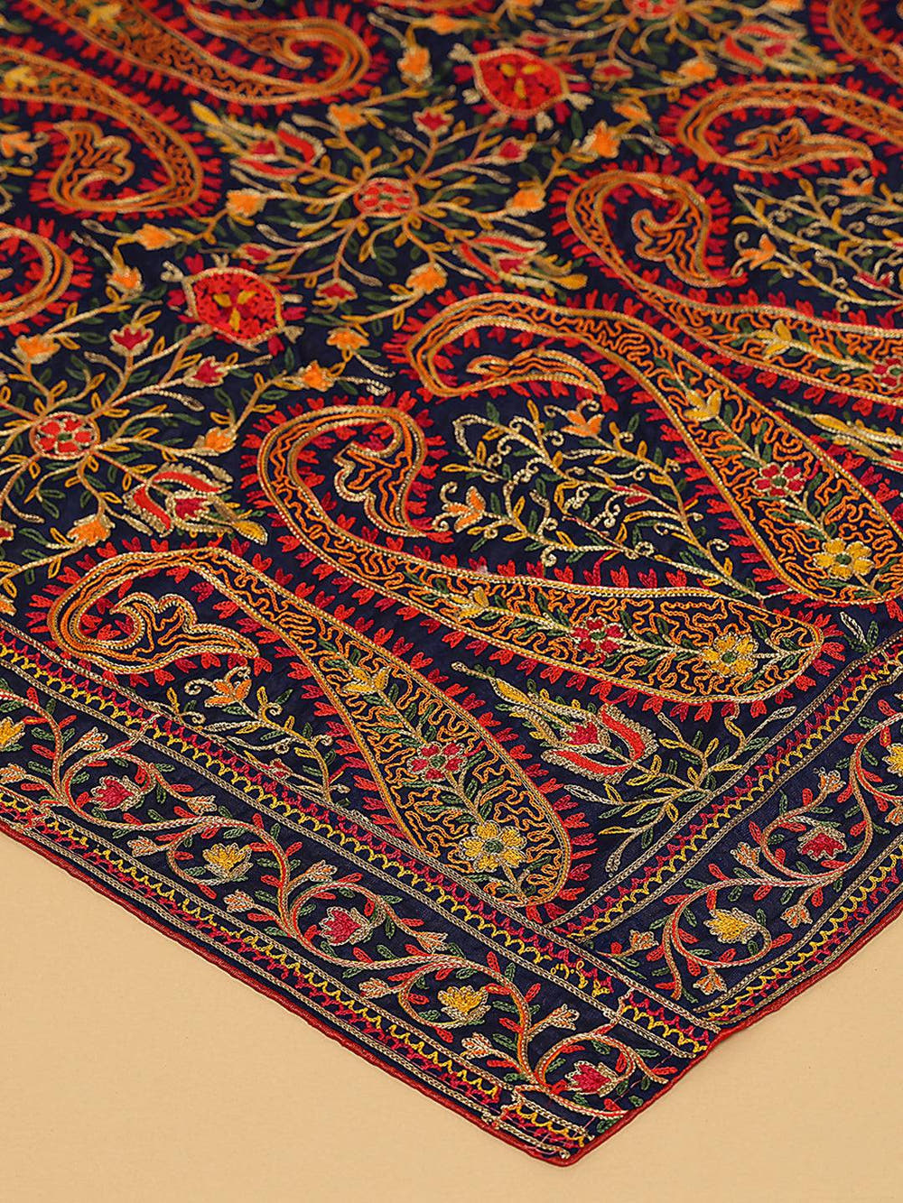 Navy Ornate Paisley Panel Pashmina Dupatta