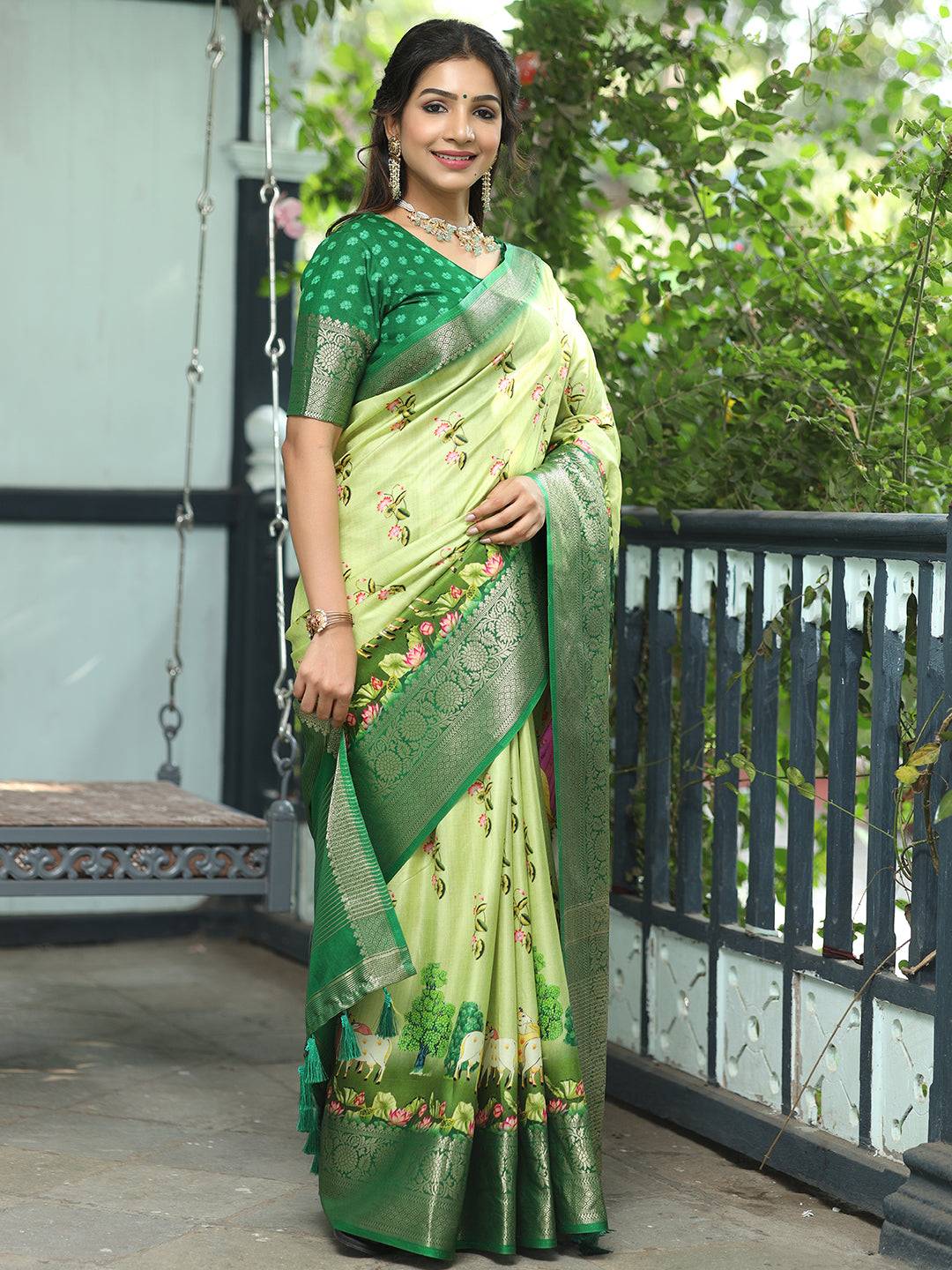 Pichwai Print Zari Weaving Pallu Saree In Light Green Colour - Luxe