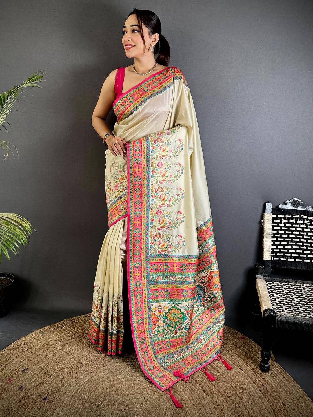 Cream Kashmiri Pashmina Semi Silk Saree