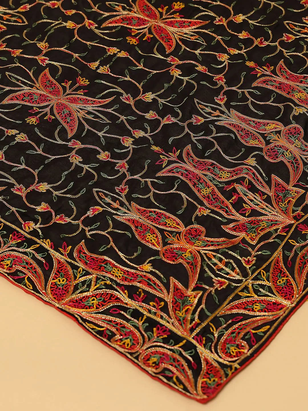 Black Brown Floral Vine Pashmina Dupatta