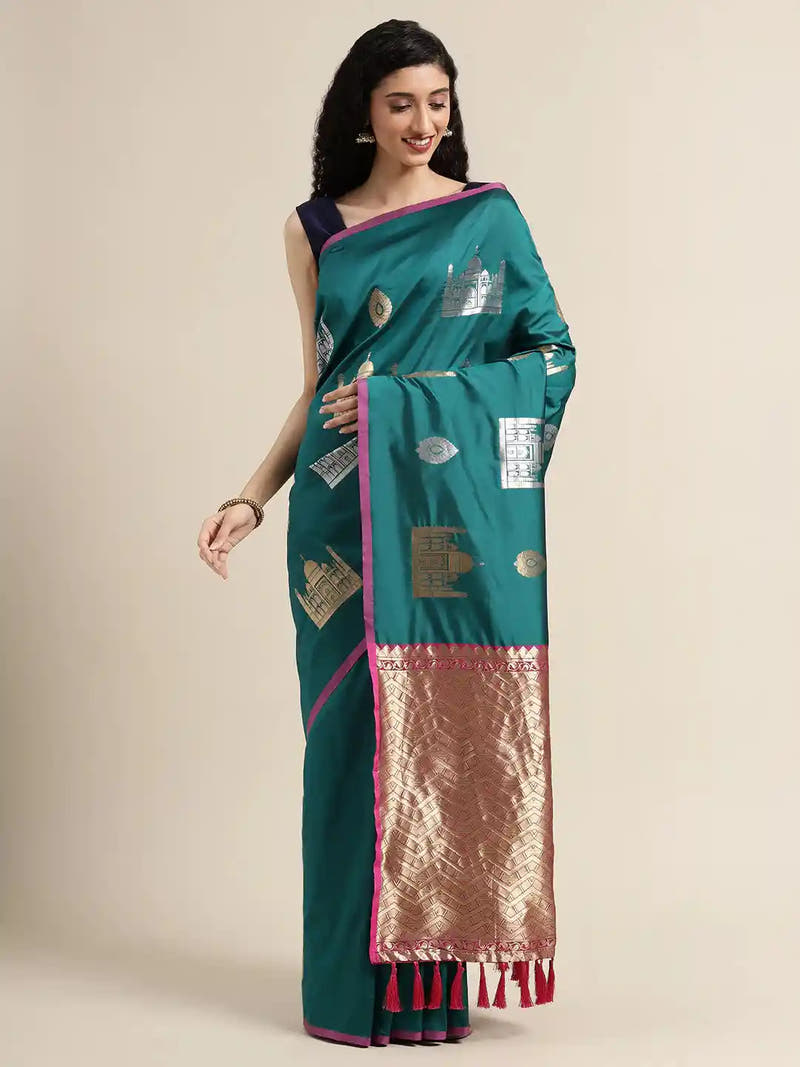 Trendy Rama Colour  Silk Blend Woven Design Banarasi Saree