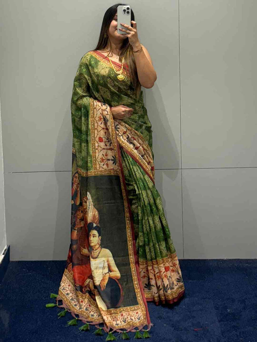 Green Colour Block Print Saree With kalamkari Print Pallu