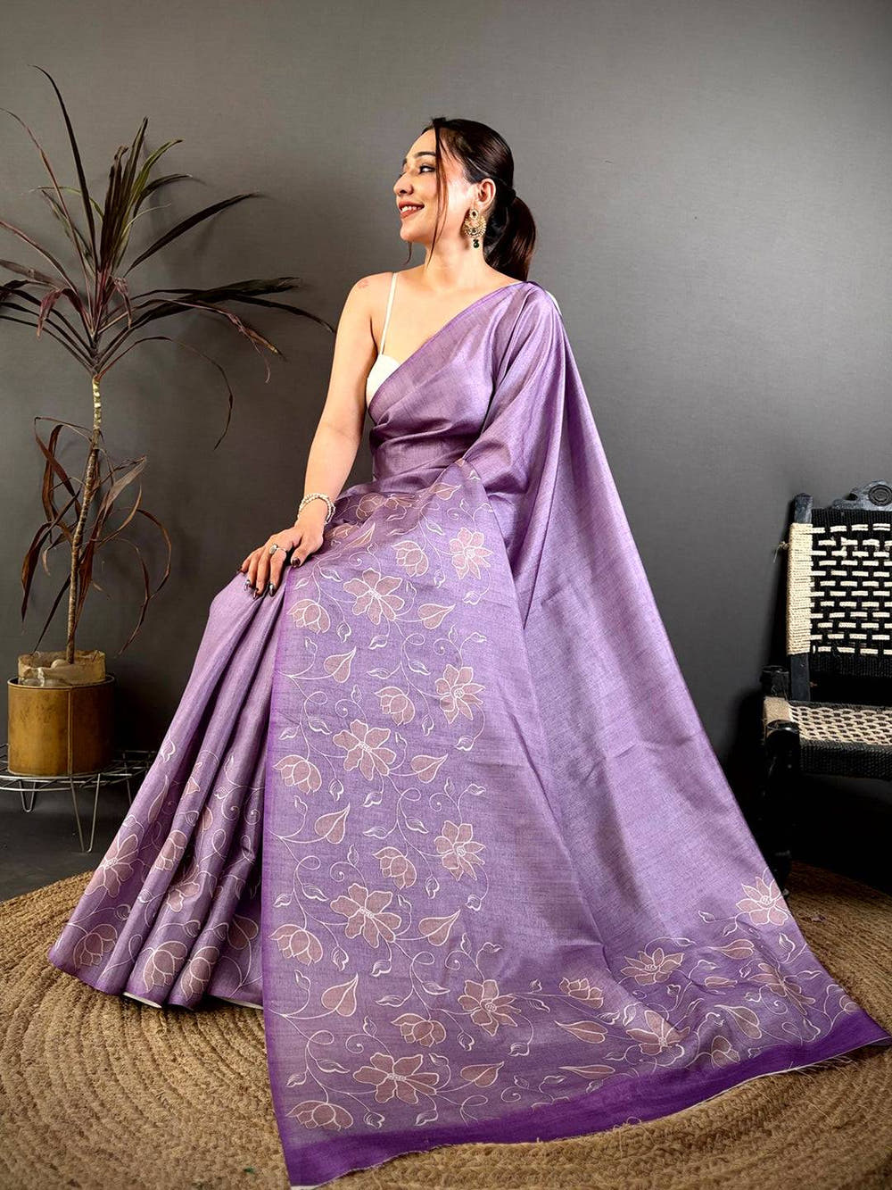 Lavender Floral Print Soft Tussar Saree