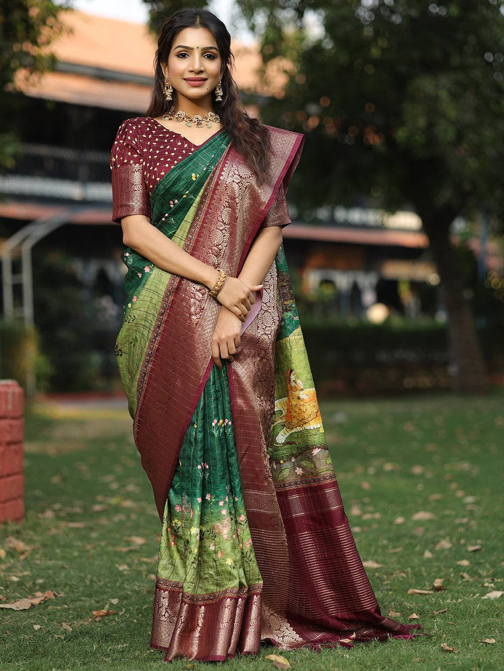 Bottle Green Colour Pure Viscose Dola Silk Saree With Mughal Motifs - Luxe