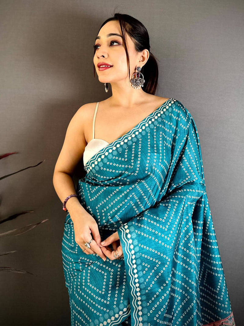 Royal Tussar Bandhej Kalamkari Saree