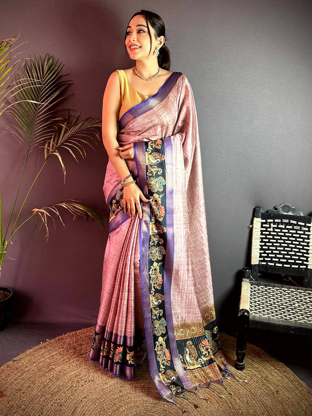 Radiant Tanjore Art Khadi Semi Silk Saree
