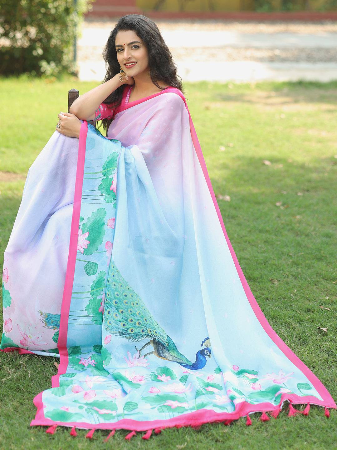 Satin Georgette Light Pink Colour Hand Print Saree - Luxe