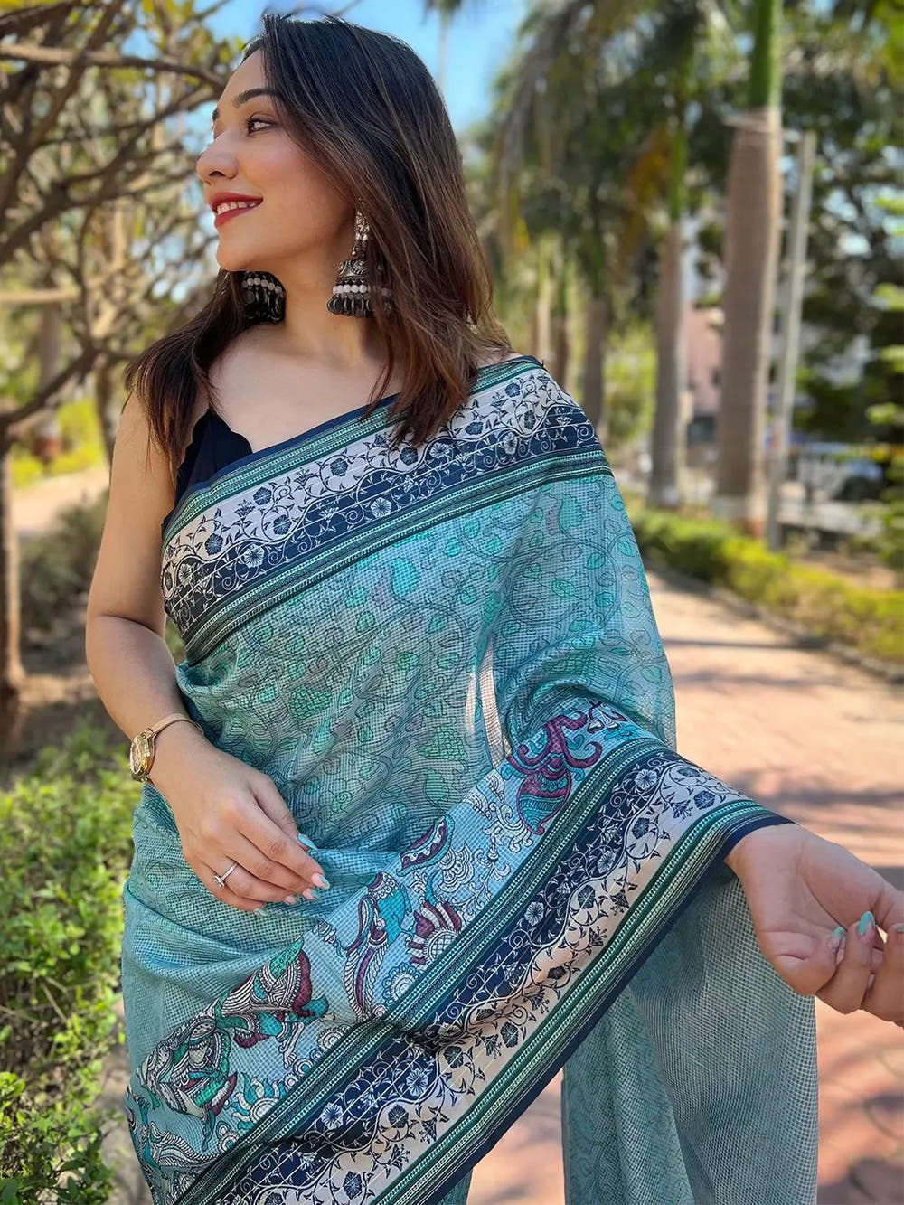 Satin Kota Doria Saree With Kalamkari Digital Print In Turquoise Colour