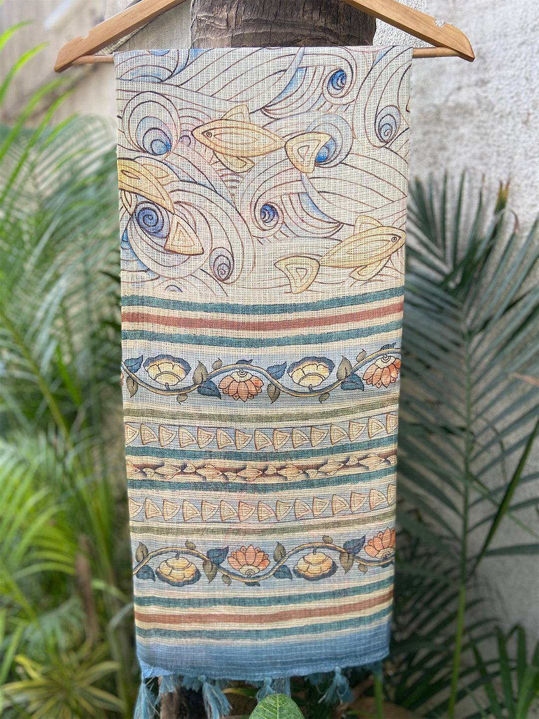Sky Blue Soft Kota Doriya Silk Saree With Flower Kalamkari Print