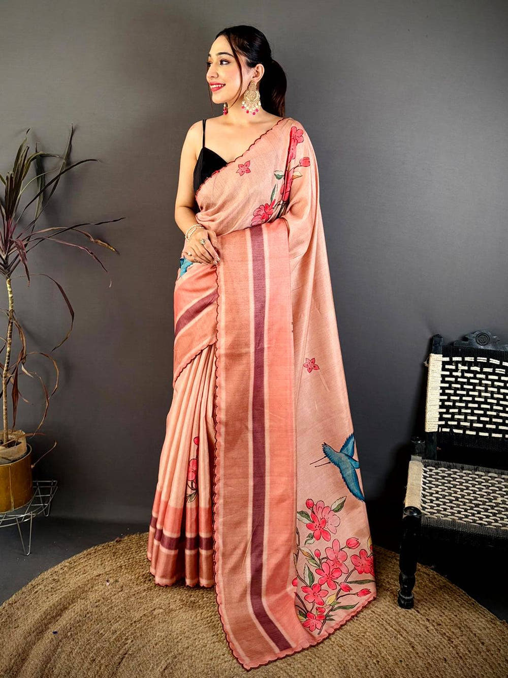 Designer Bird Print Tussar Saree