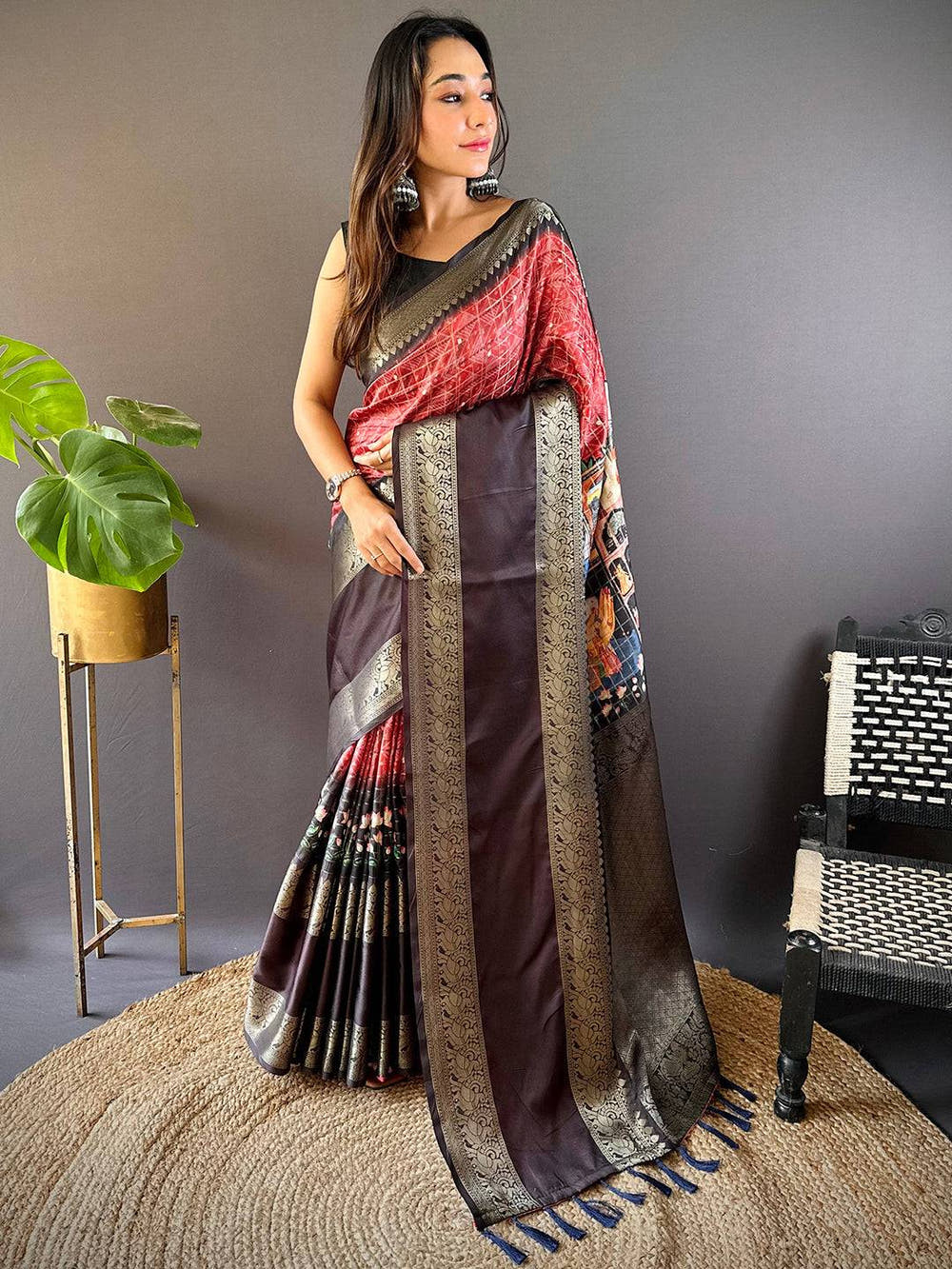 Red Banarasi Pichwai Print Saree
