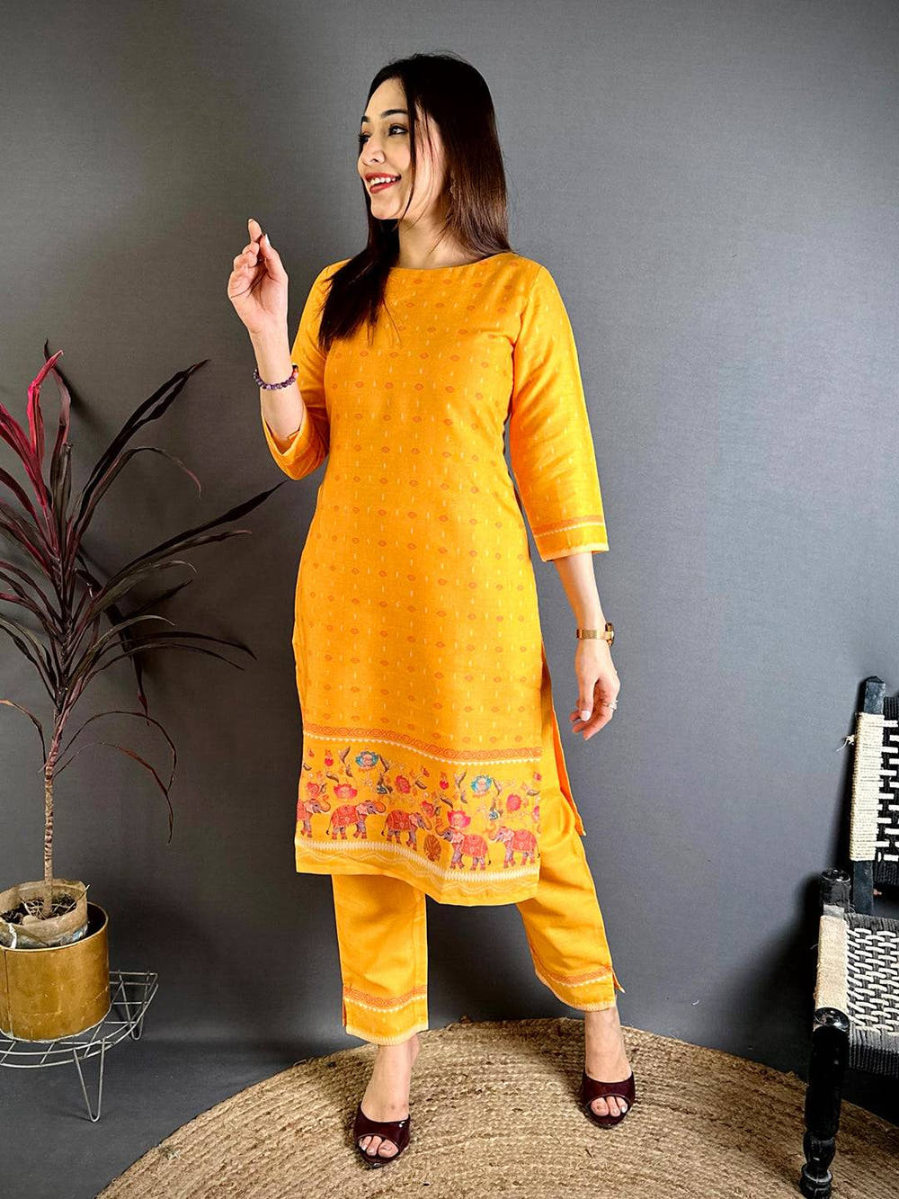 Floral  Boat  Neck  Mul  Kurti