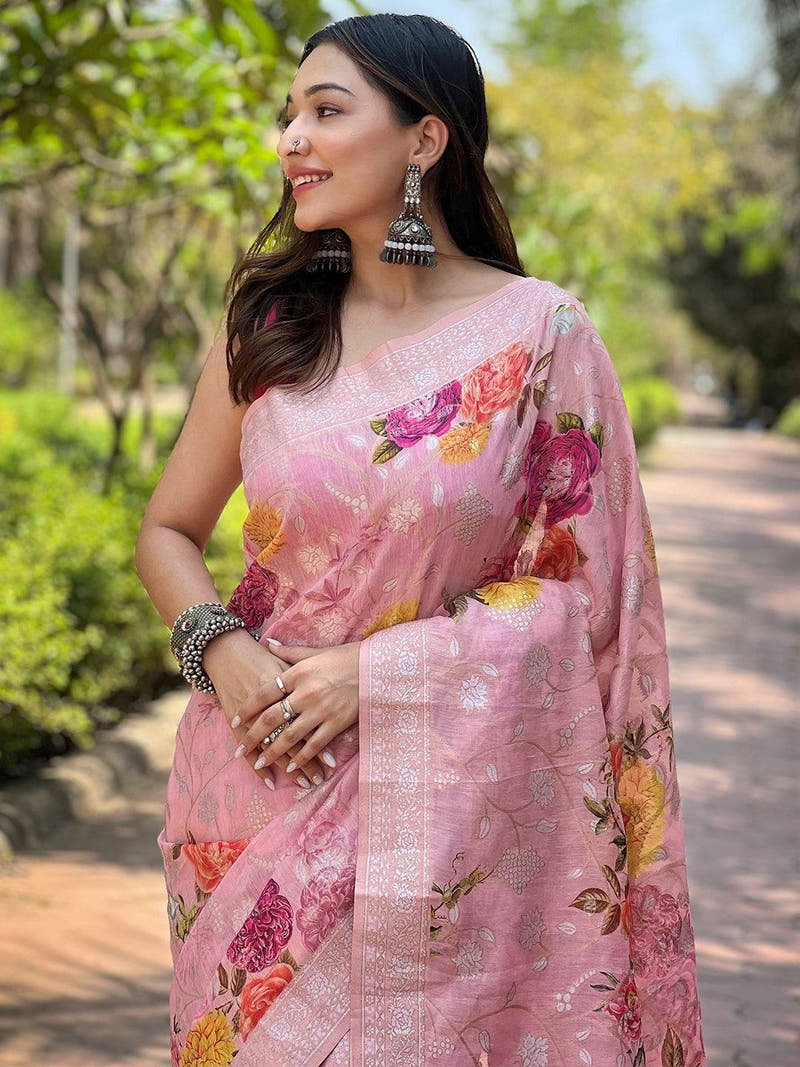 Light Pink Lakhnavi Bandla Zari Weaving Saree