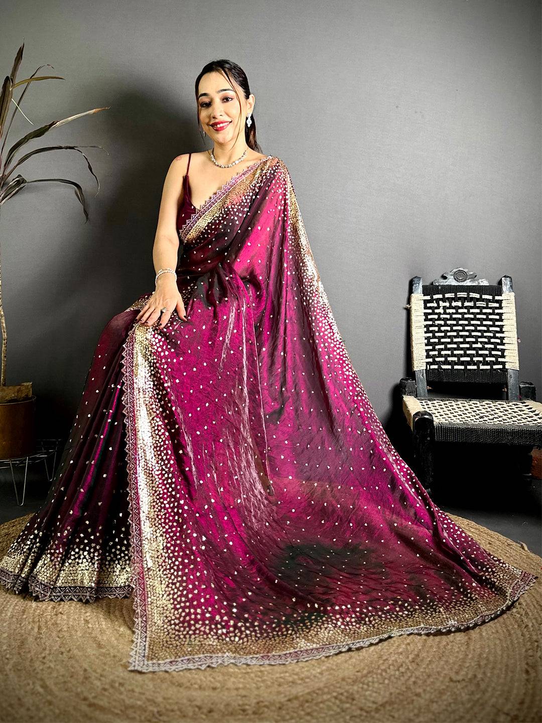 Classic Golden Sequinne Work Silk Tissue Saree