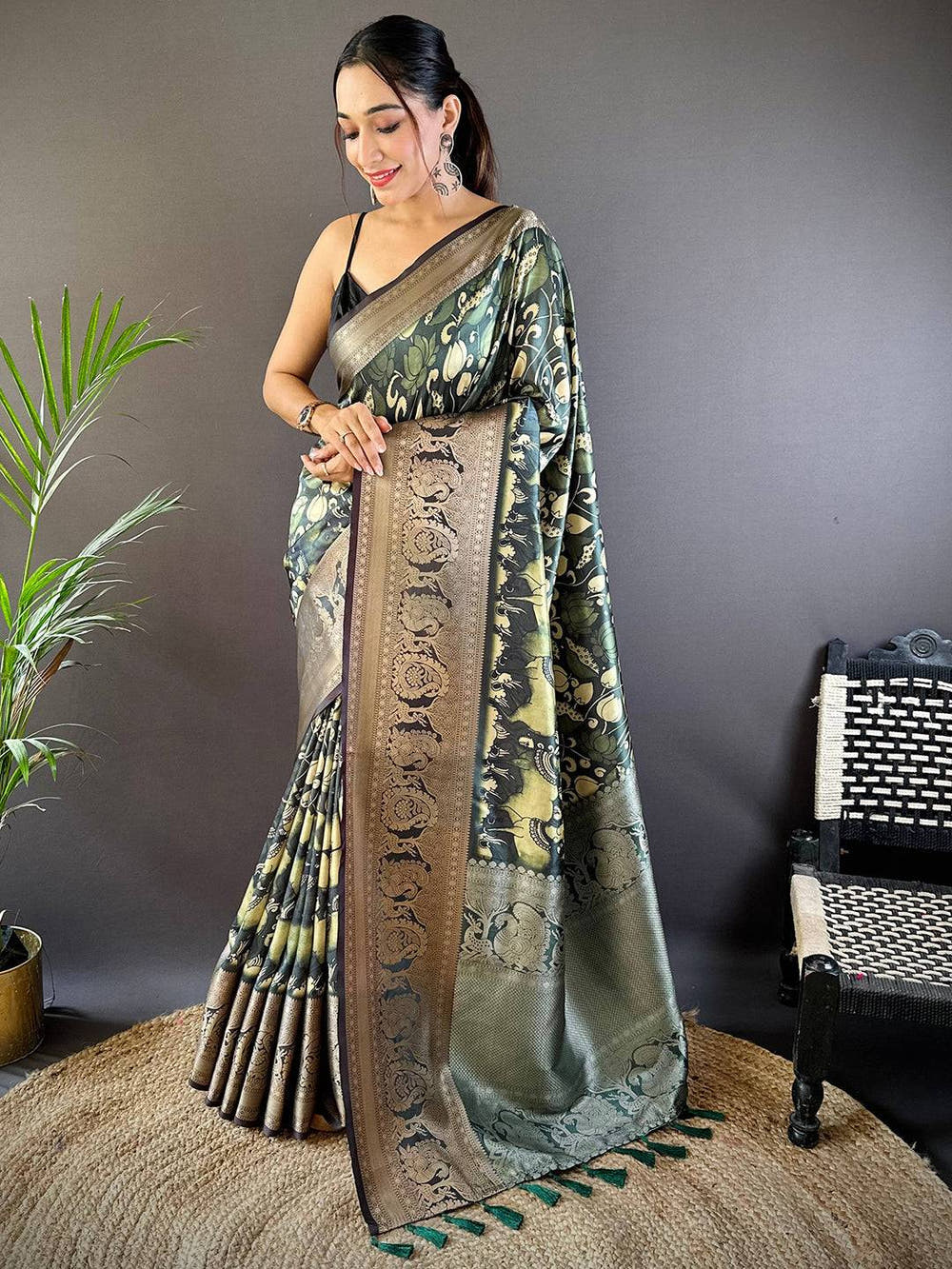 Bottle Green Soft Silk Kalamkari Saree