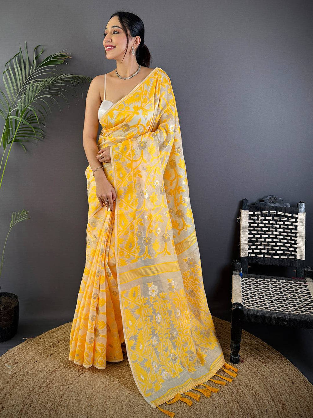 Yellow Soft Cotton Silk Jamdani Vally Saree