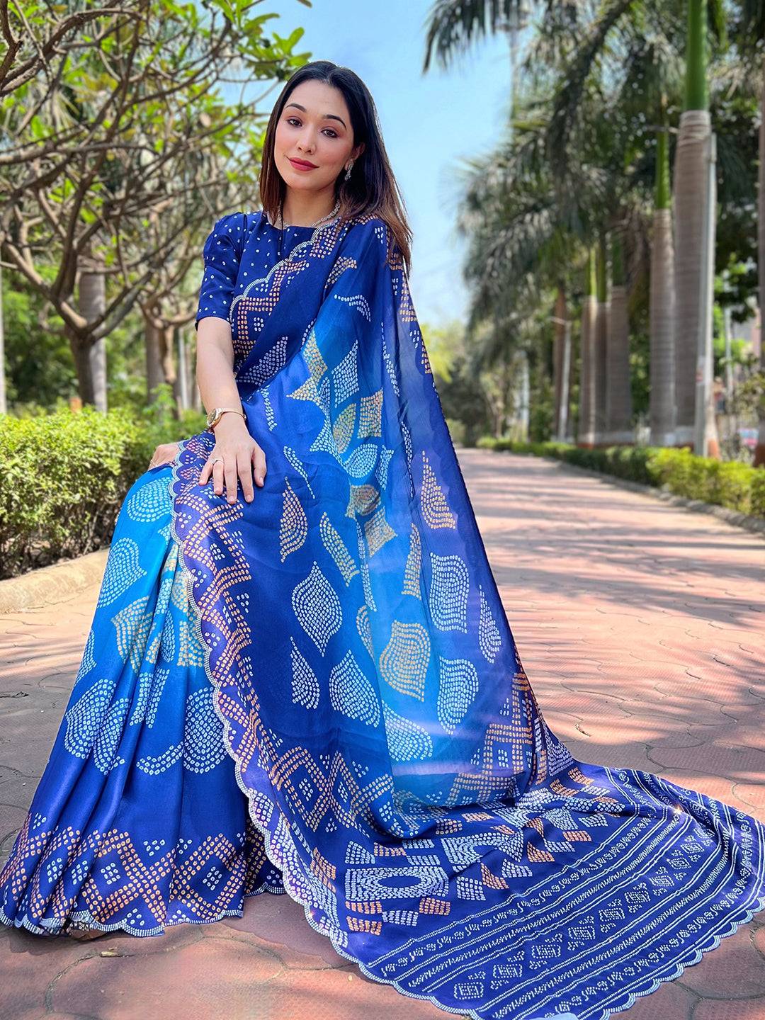 Blue Ombre Bandhej Georgette Silk Saree