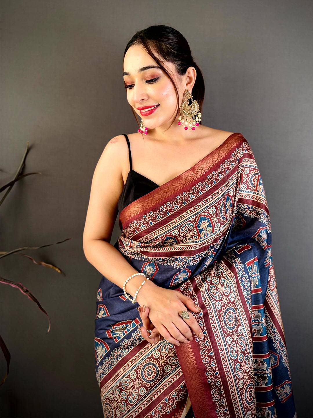 Vibrant Block Ajrakh Print Soft Tussar Saree