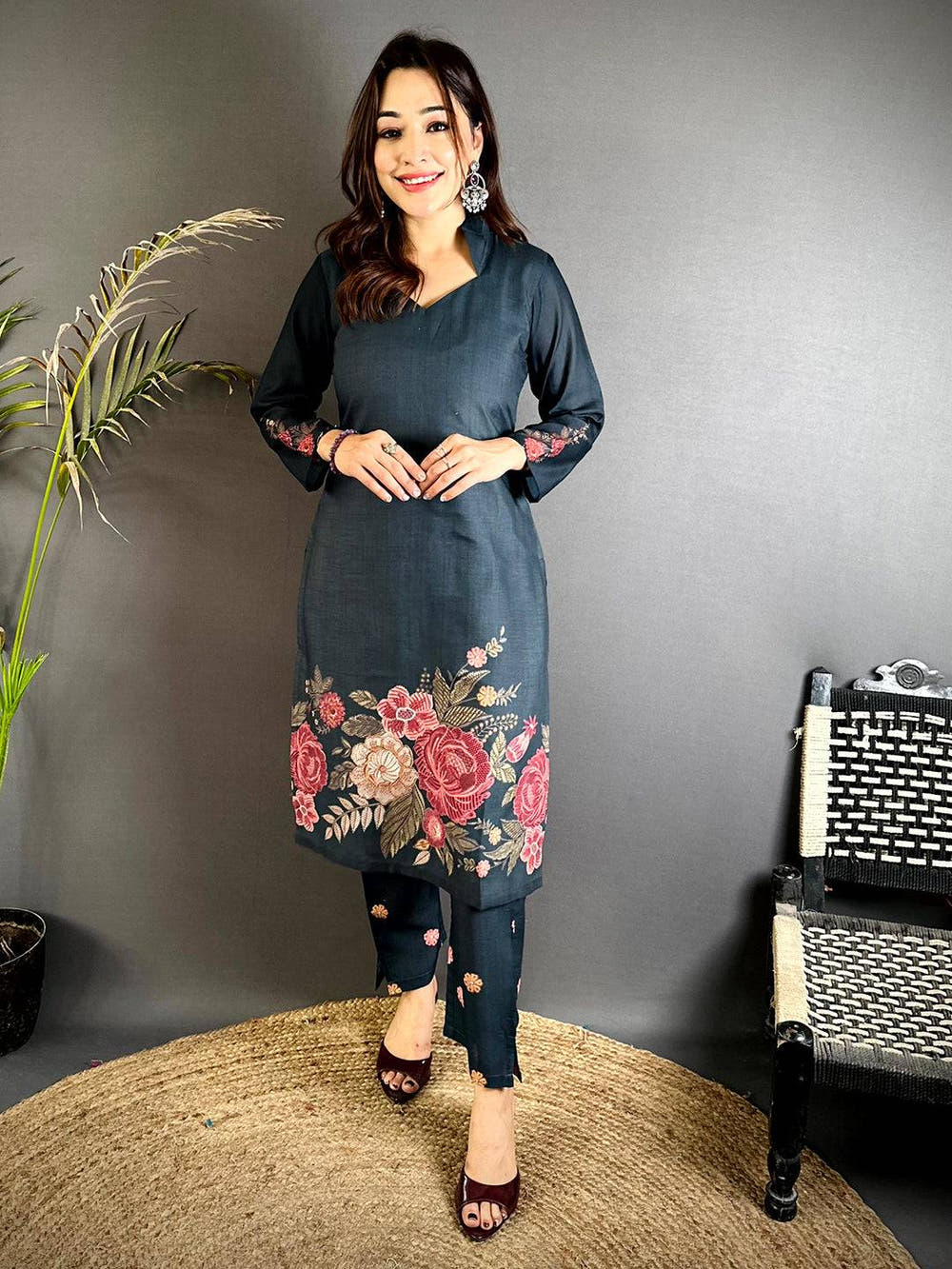 Diamond Neck Floral Mul  Kurti
