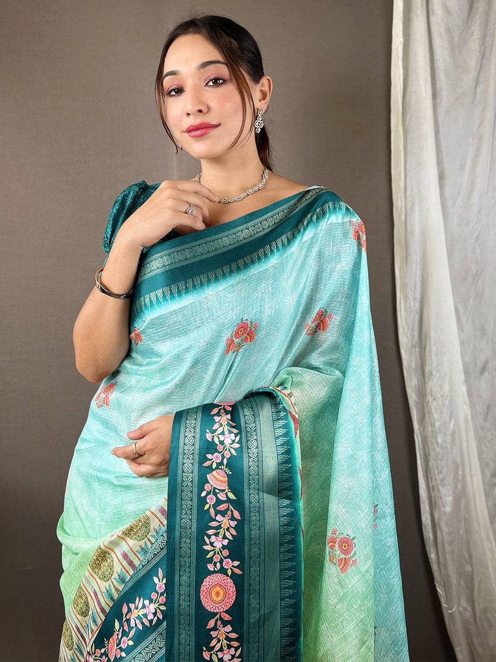 Poppy Blue Kota Satin Border Saree
