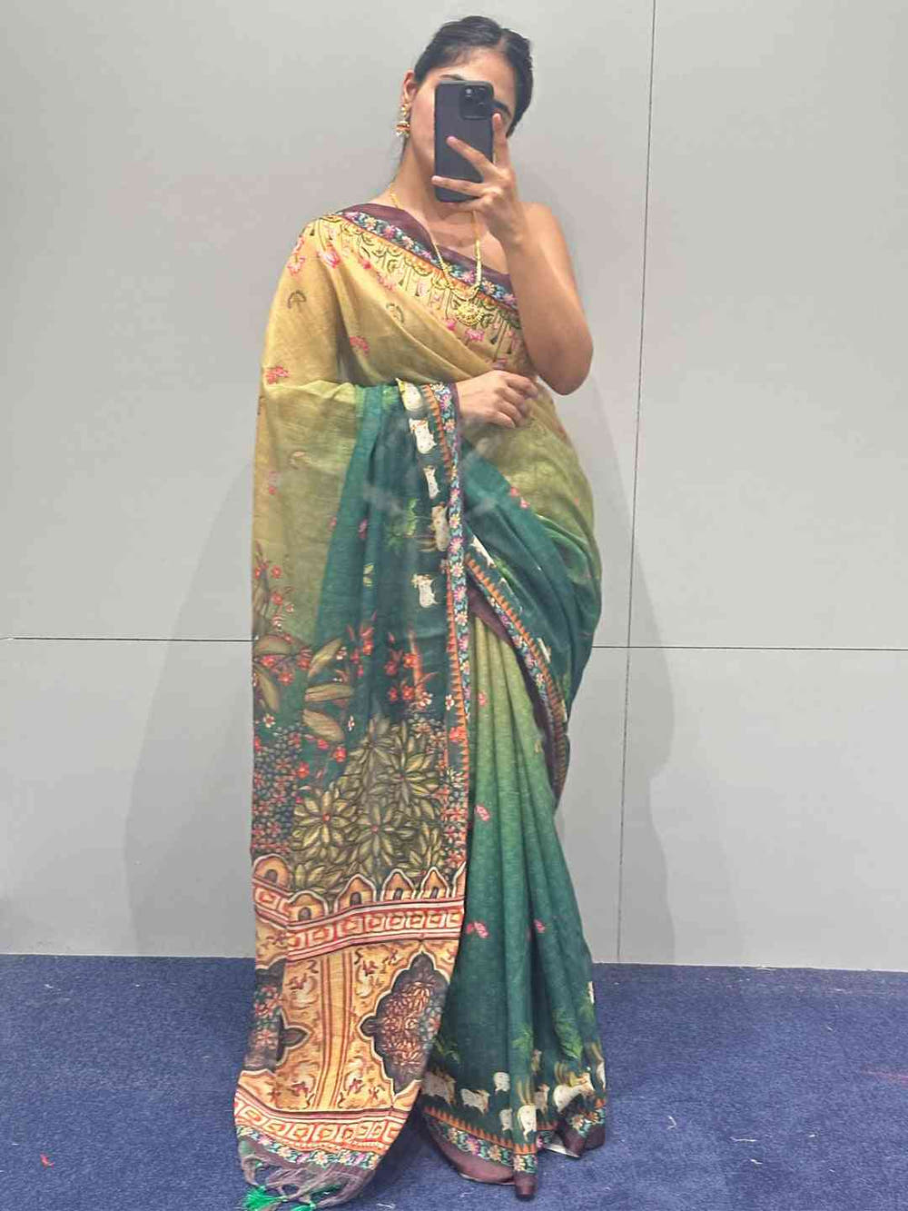 Soft Linen Ombre Pichwai Printed Green Colour Saree
