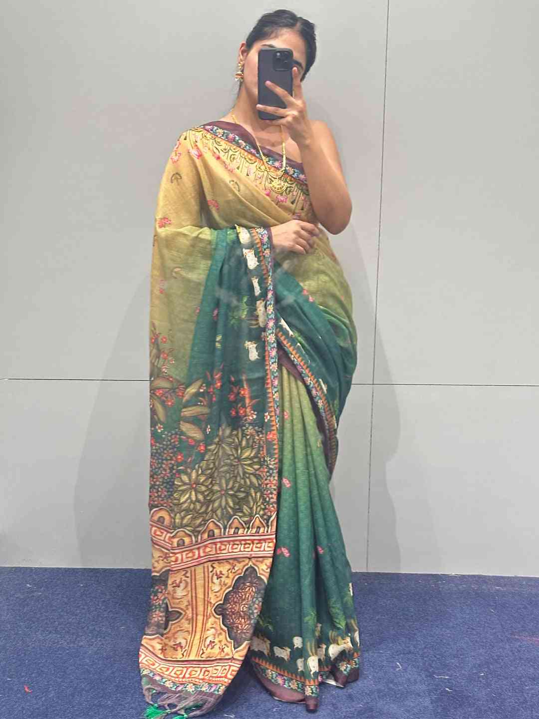 Soft Linen Ombre Pichwai Printed Green Colour Saree