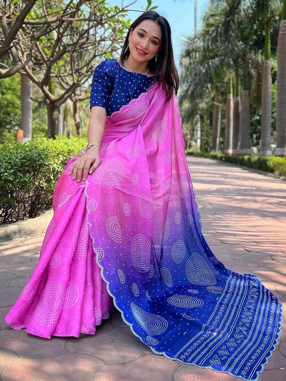 Pink Ombre Bandhej Georgette Silk Saree