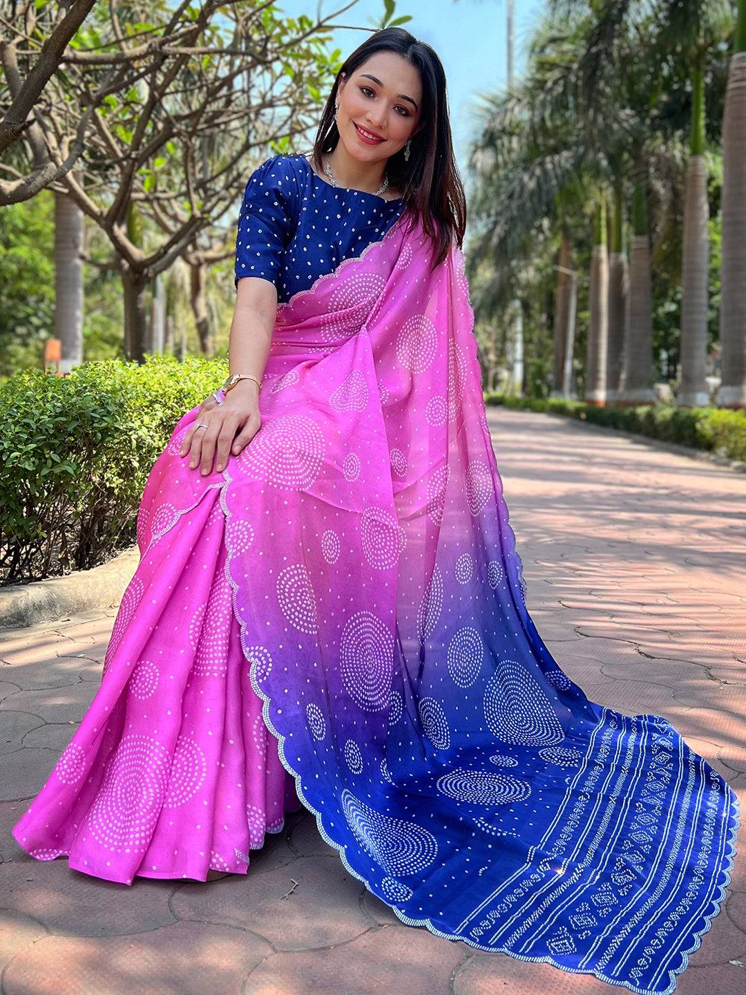 Pink Ombre Bandhej Georgette Silk Saree