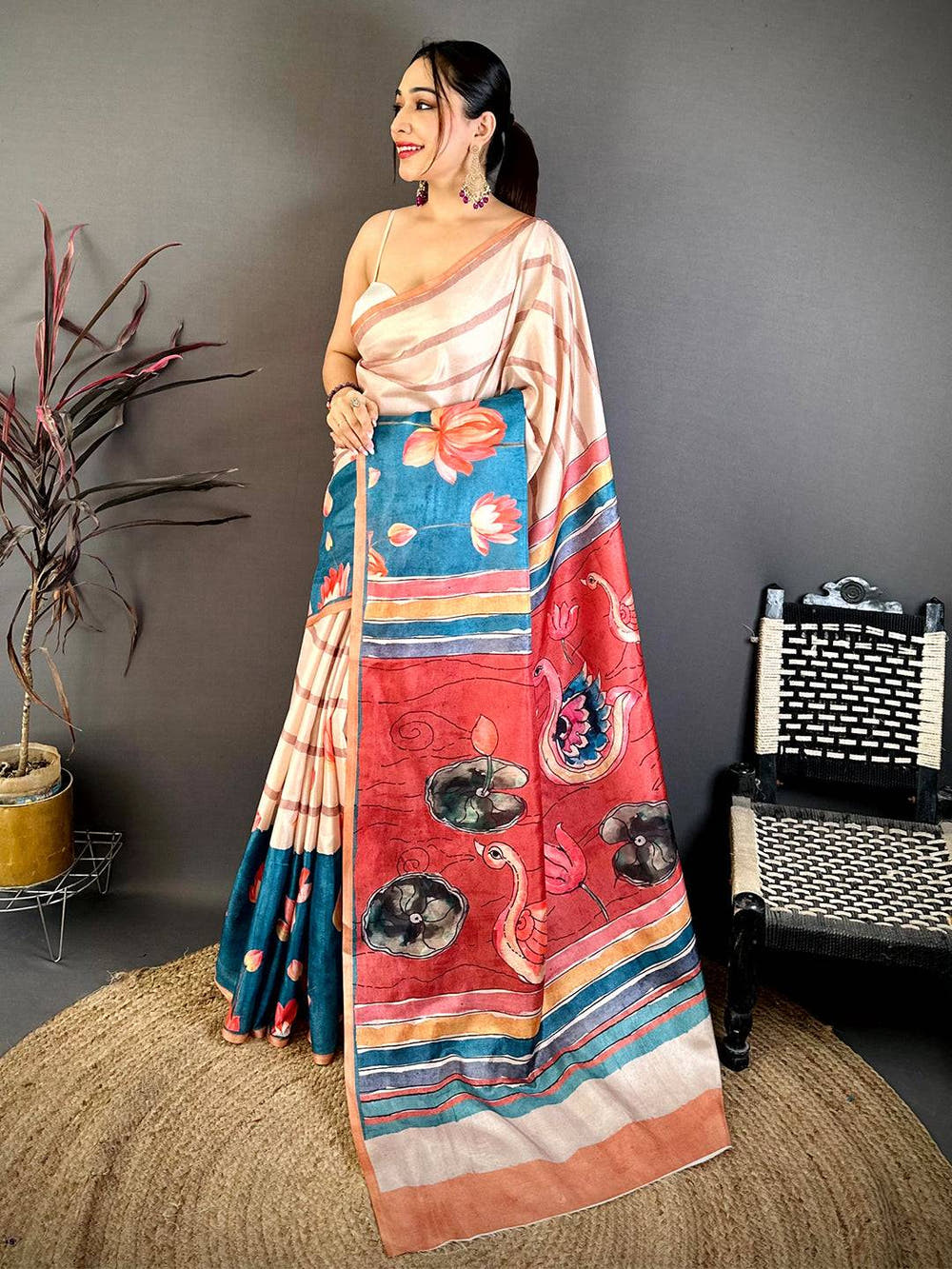 Vibrant Kalamkari Art Tussar Saree