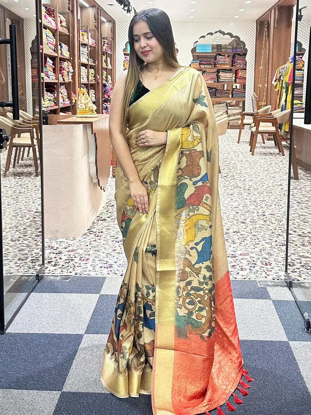 Incredible Pen Kalamkari Linen Tissue Soft Saree