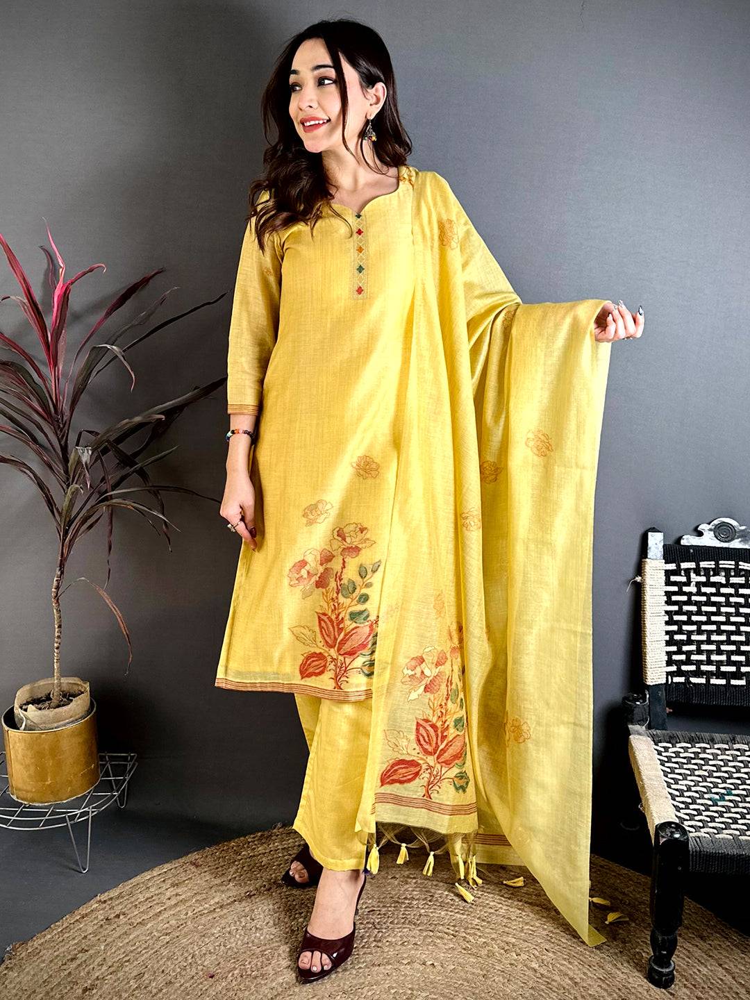 Mustard  Floral  Weave   Dress