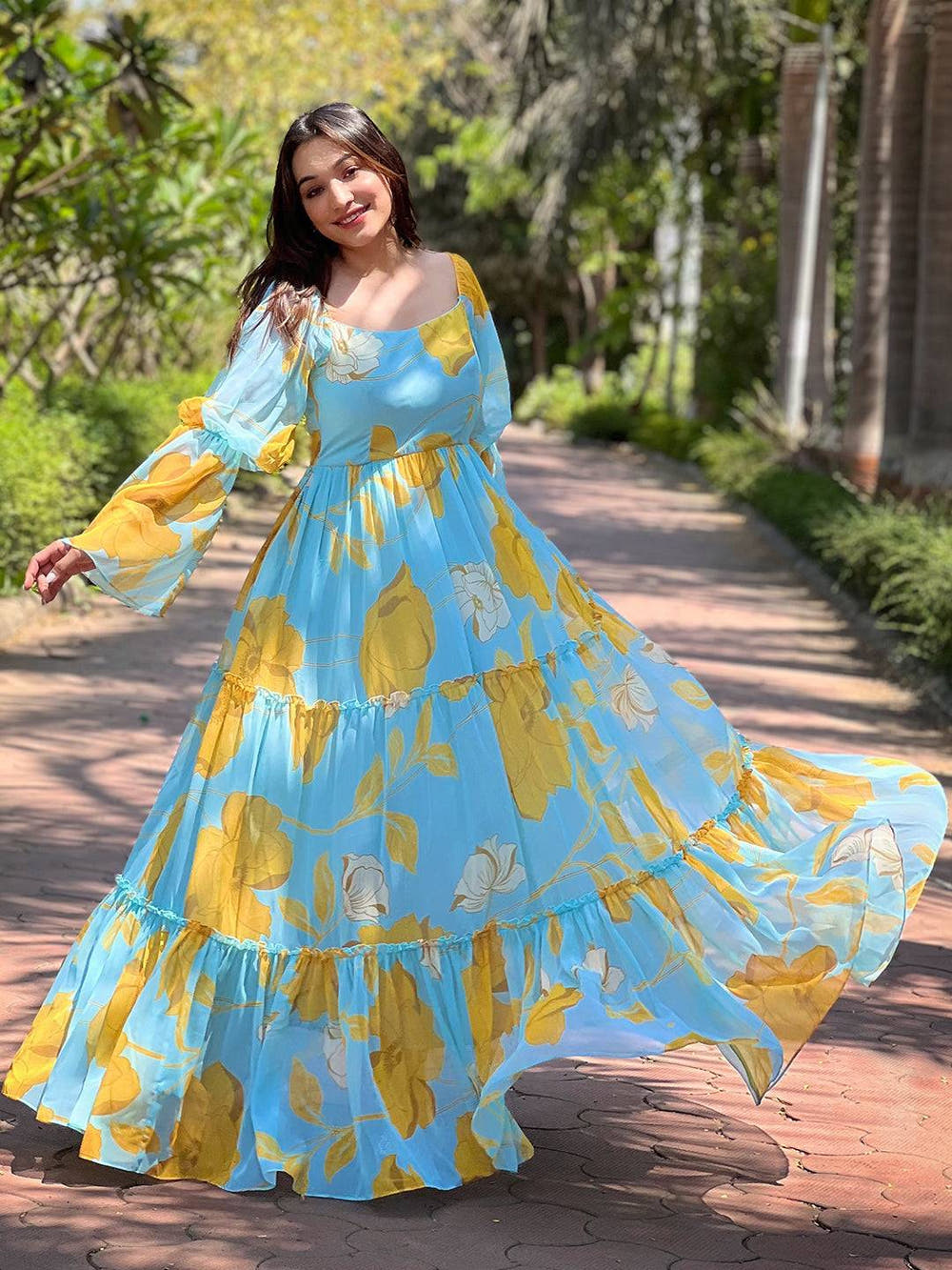 Sky Blue Floral Print Dress