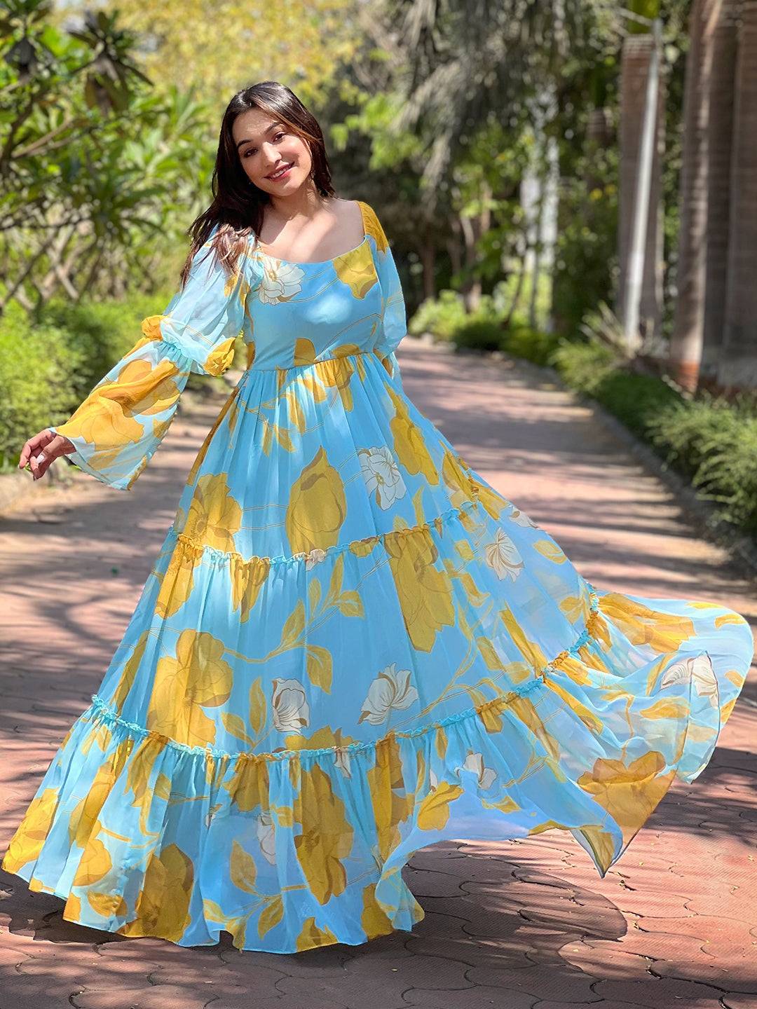 Sky Blue Floral Print Dress