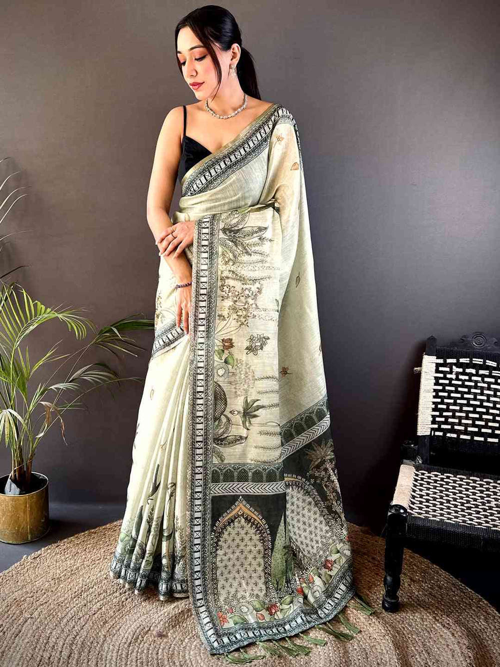 Mint Green Tissue Floral Leaf Print Saree