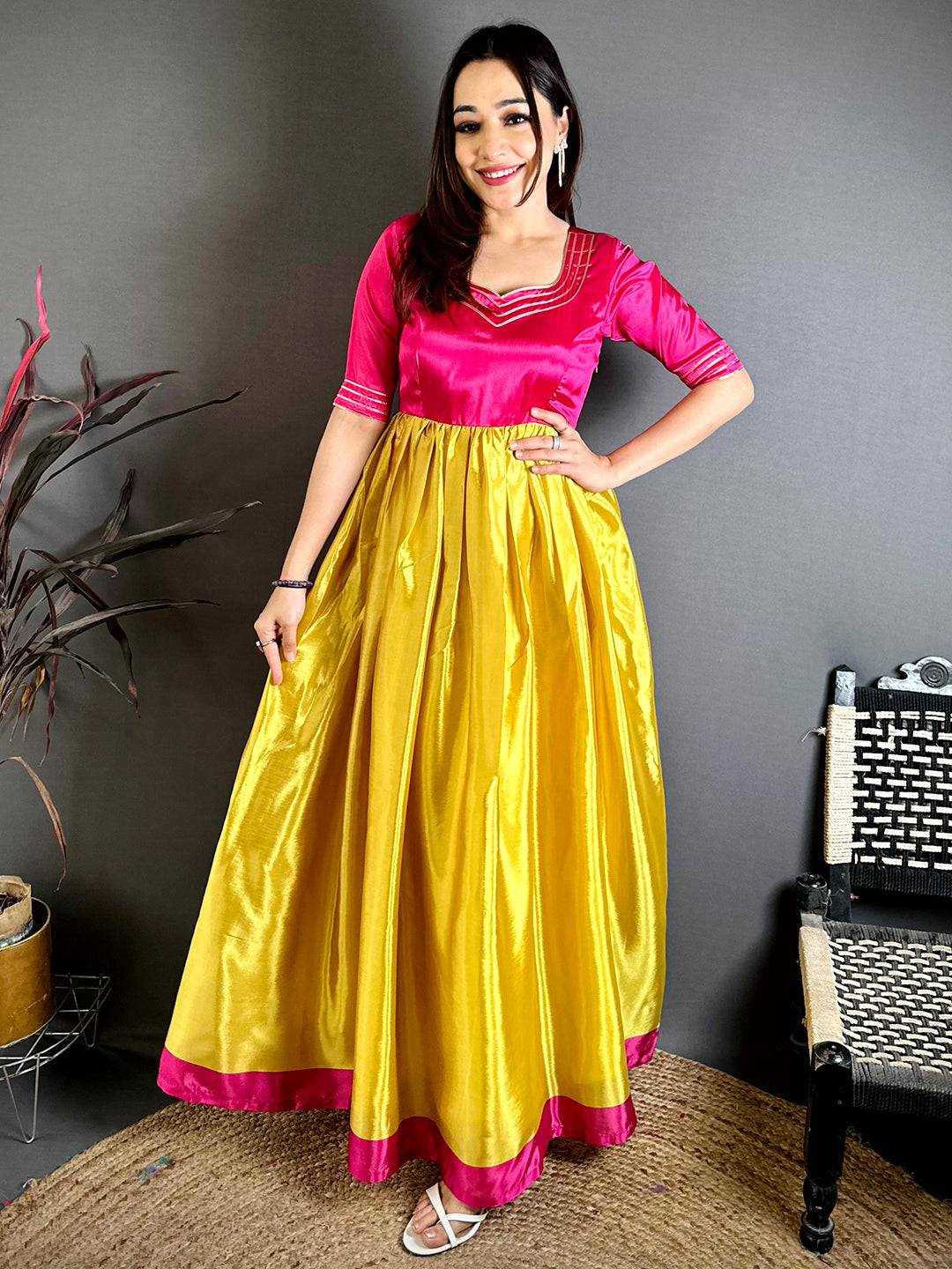 Royal  Paan  Neck  Chiffon  Dress