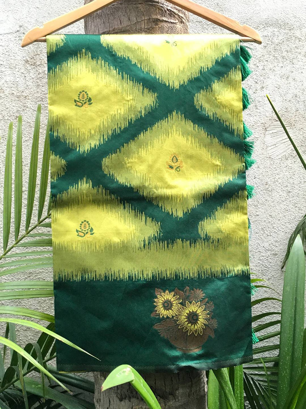Green Tussar Silk Ikkat Weaving Saree