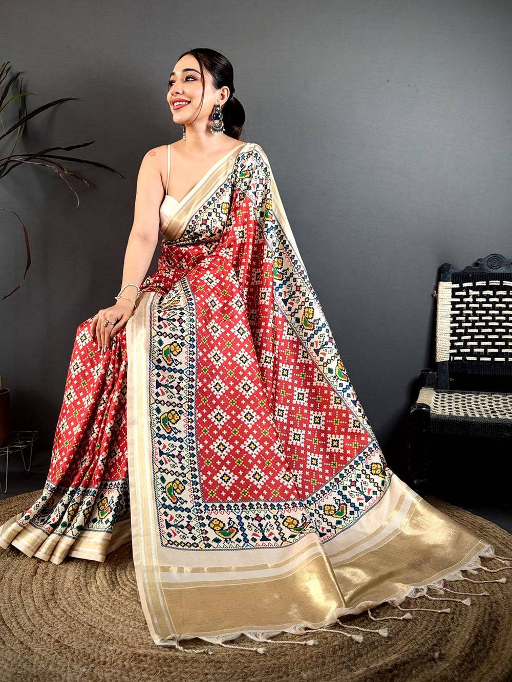 Ivory Red Allover Patola Kanchi Saree
