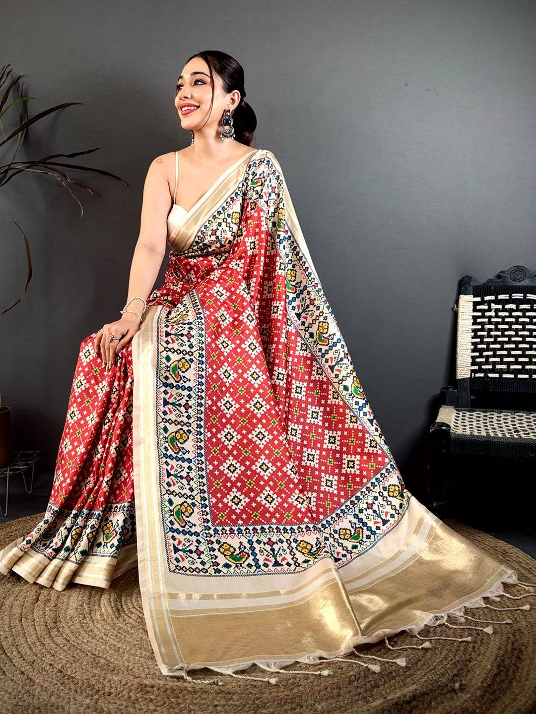 Ivory Red Allover Patola Kanchi Saree