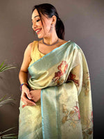 Stylish Green Self Gold Zari Floral Print Saree