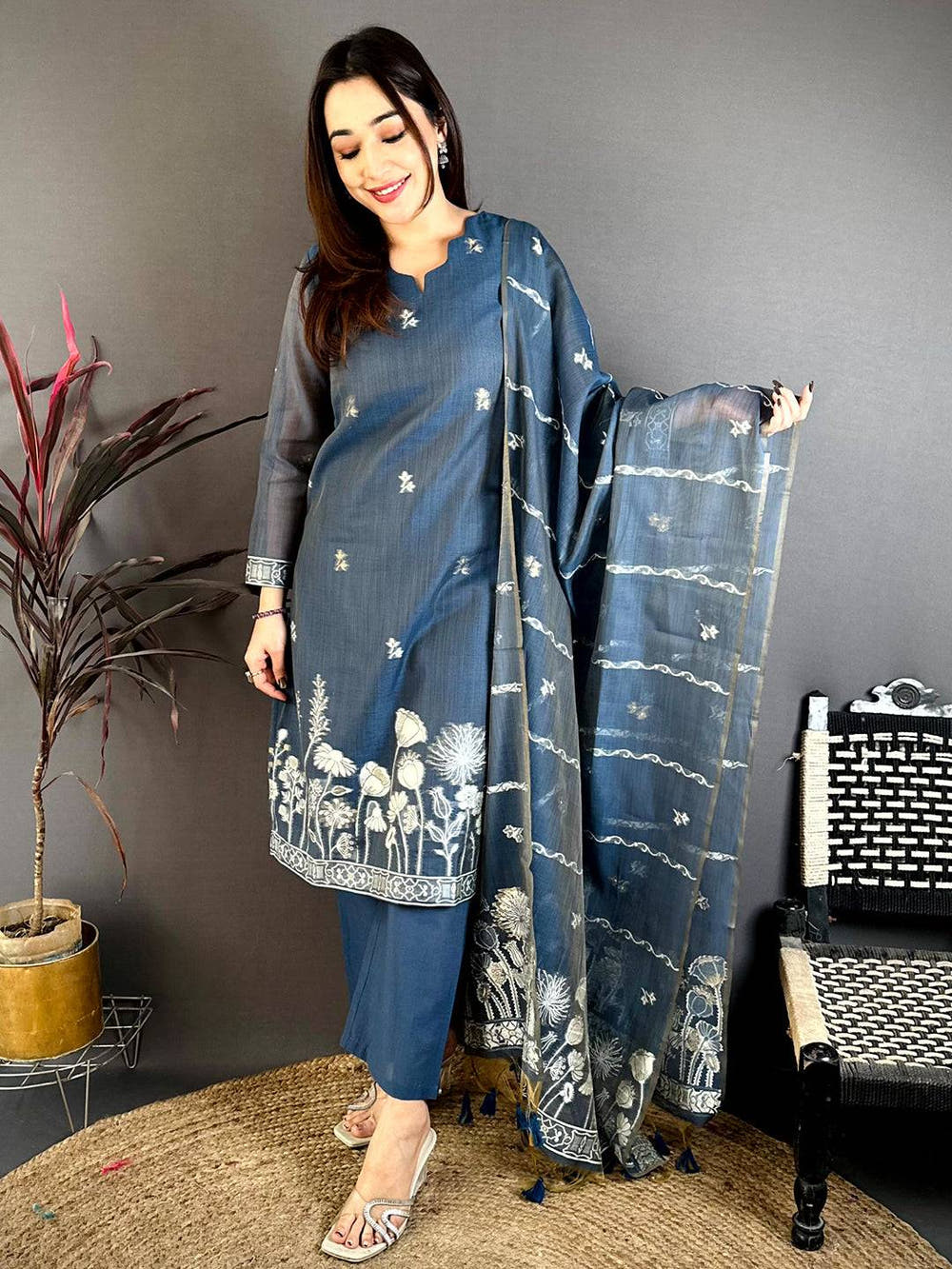 Regal Navy Floral  Woven  Dress