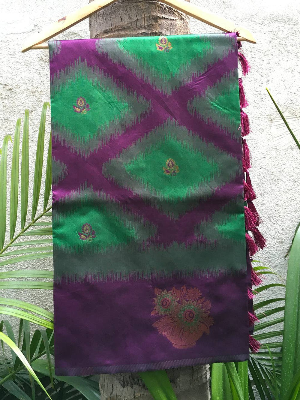 Dark Green Tussar Silk Ikkat Weaving Saree