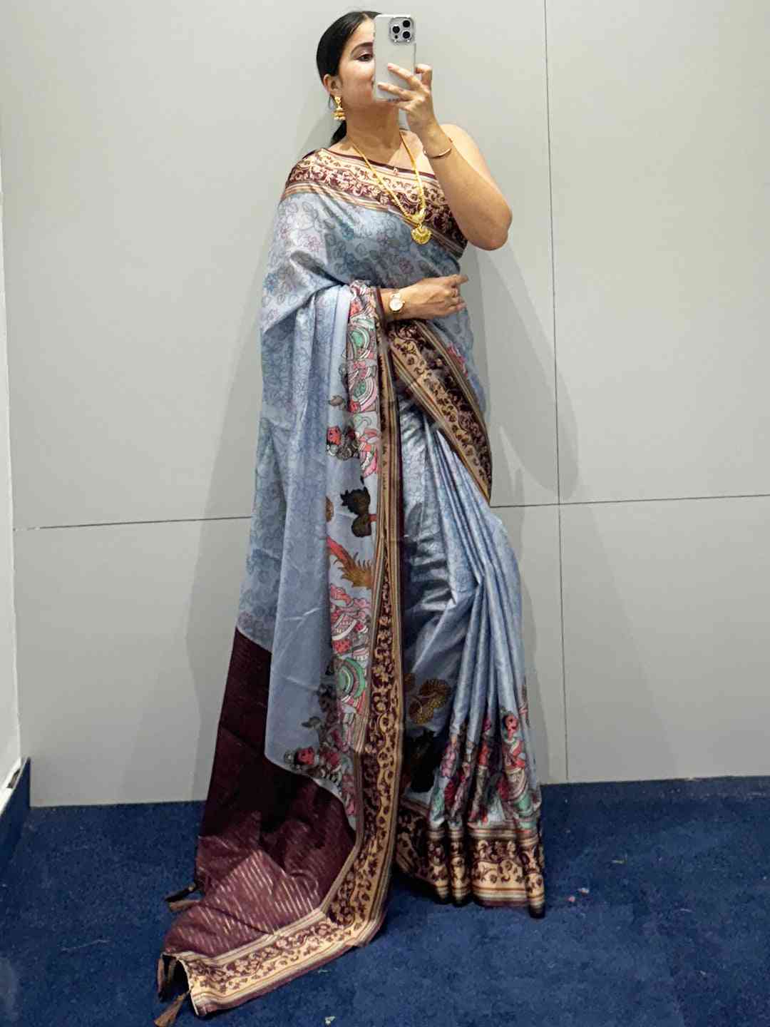 Silver Colour Satin Kota Doria Digital Kalamkari Zari Pallu