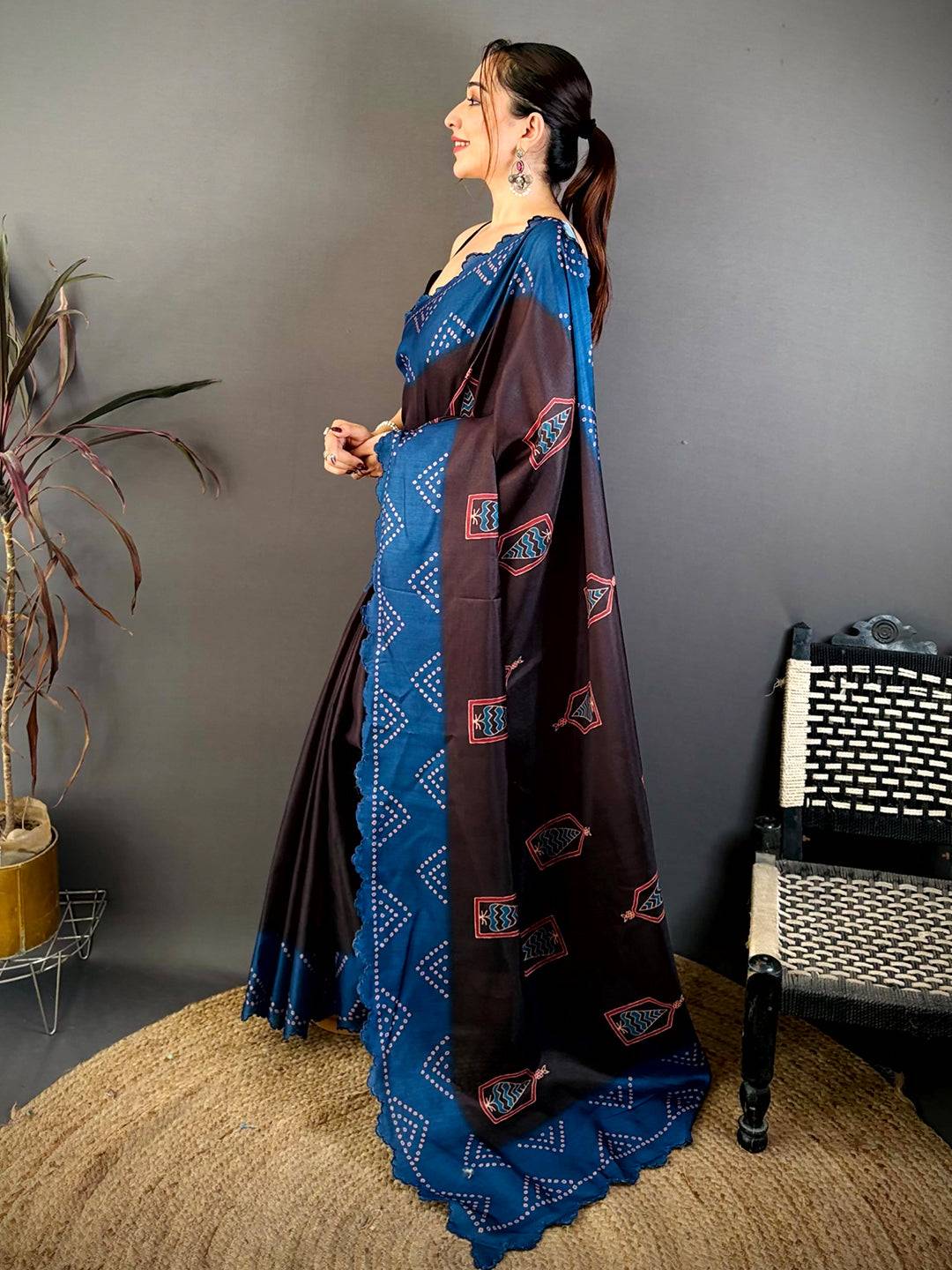 Heritage Ajrakh Print Tussar Bandhani Saree