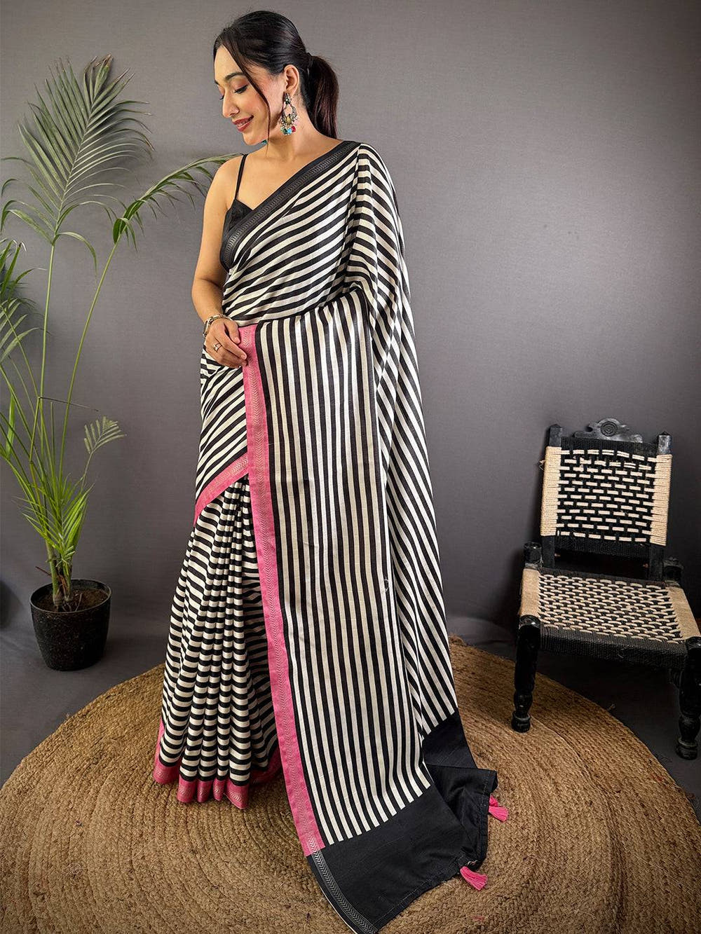 Tussar Ghicha Silk Striped Printed Saree