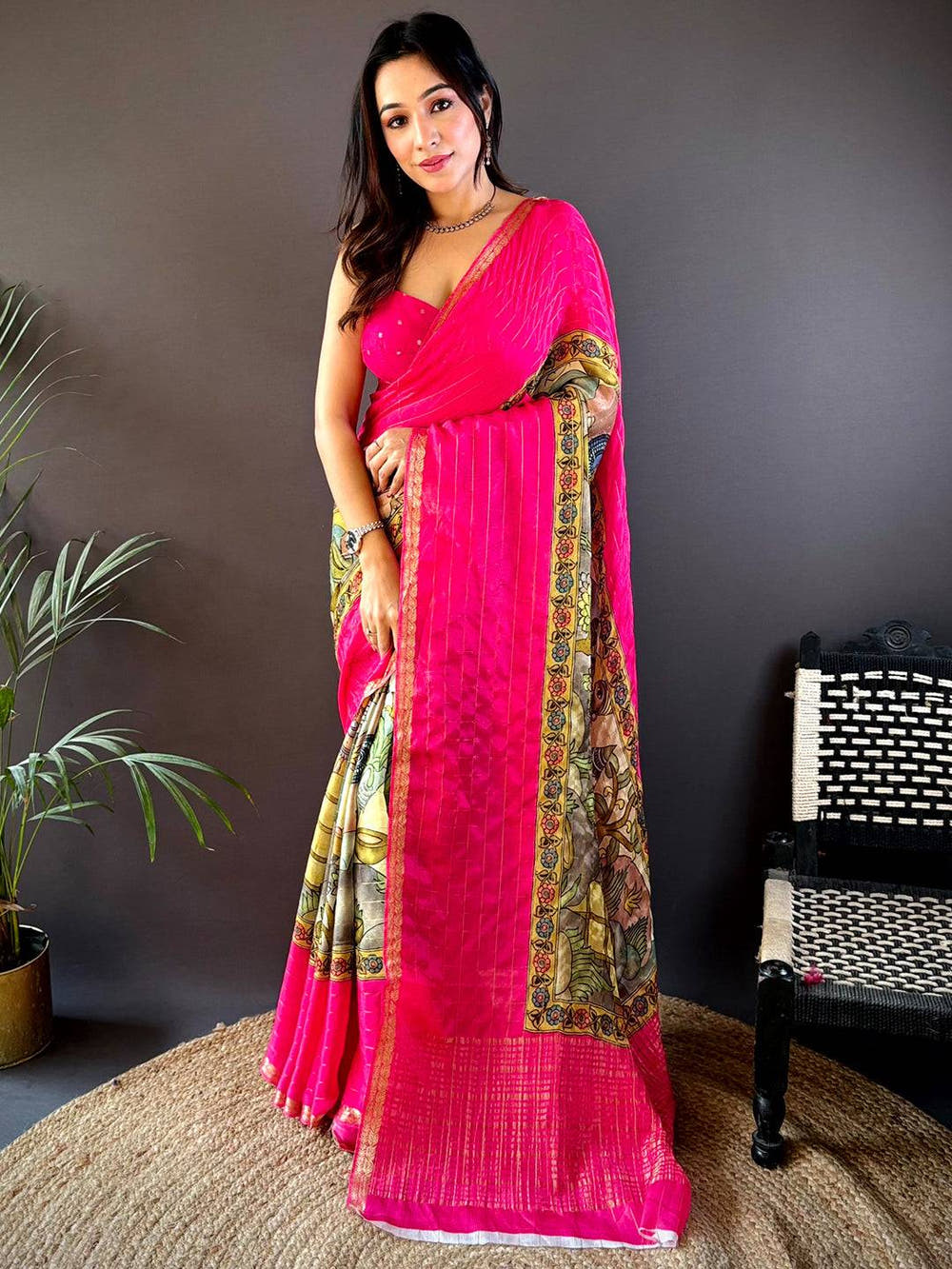 Pink Kalamkari Printed Viscose Chiffon Saree