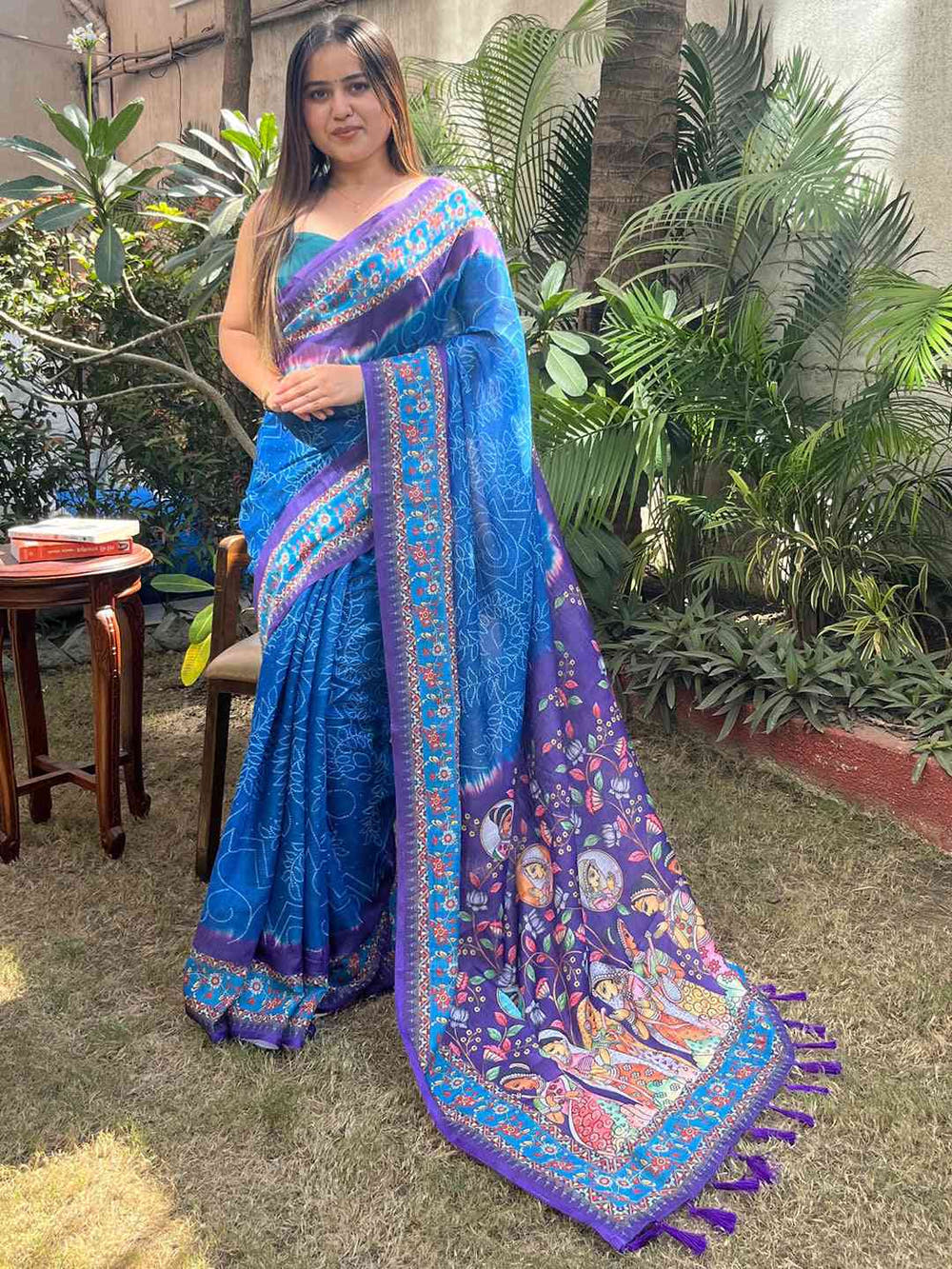 Royal Blue Design Linen Saree with Bandhej and kalamkari Digital Print