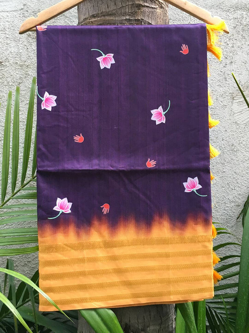 Lotus Print Plum Purple Silk Saree