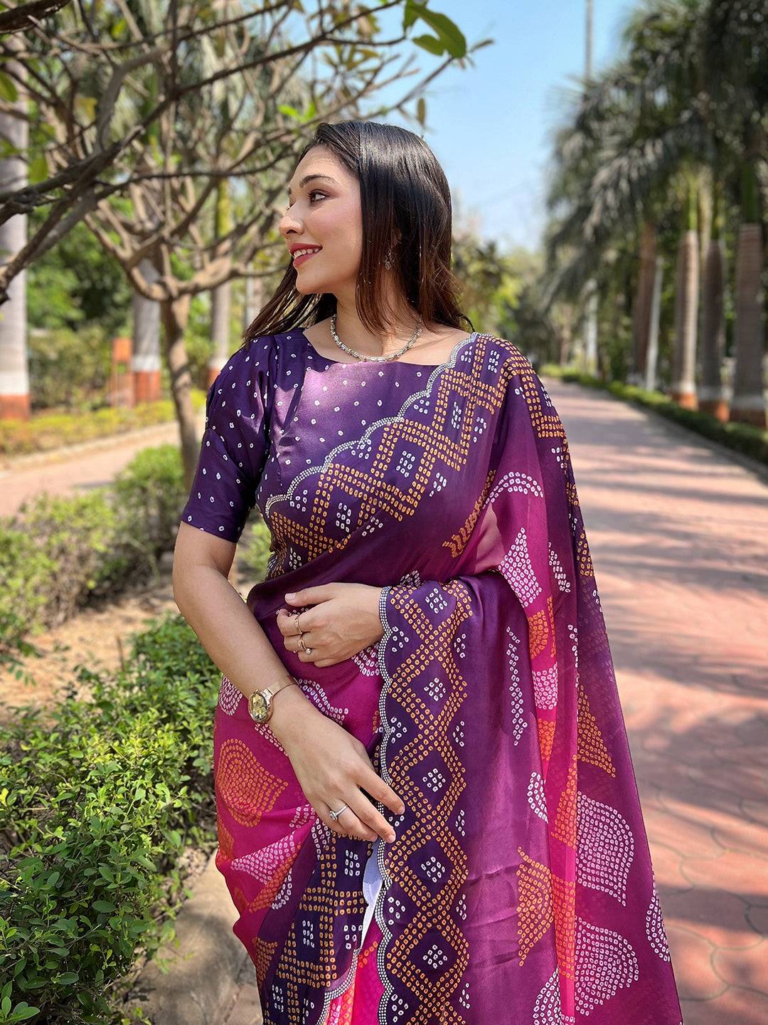 Magenta Ombre Bandhej Georgette Silk Saree