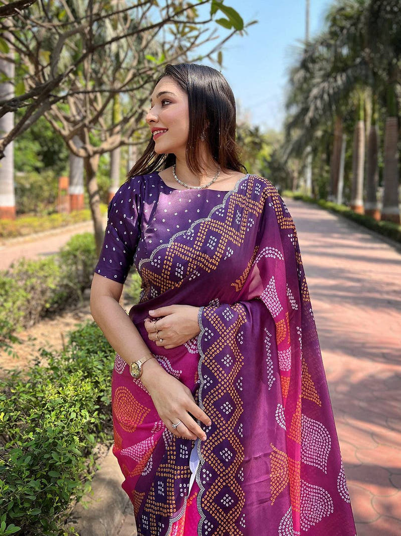 Magenta Ombre Bandhej Georgette Silk Saree
