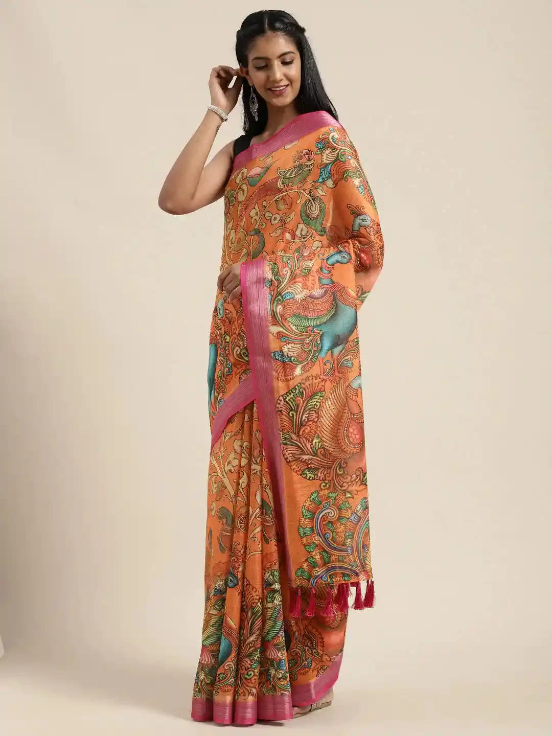 Orange Colour Kalamkari Print Saree With Zari Border